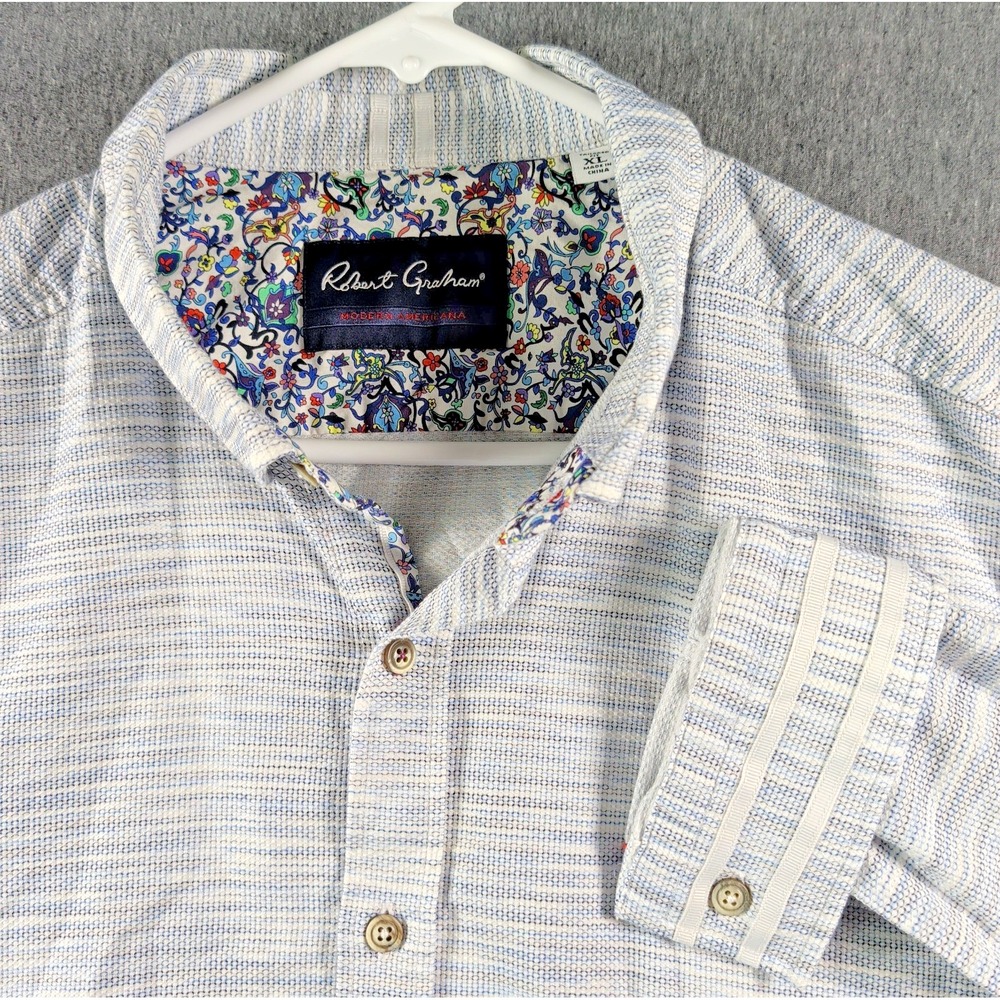 ROBERT GRAHAM Modern Americana Shirt XL Tailored Fit Blue Floral Waffle Knit EUC
